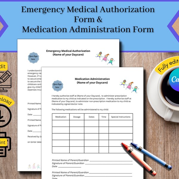 Medication Authorization Form, Medication Administration Form, Daycare forms, Daycare printables,  in home daycare forms, daycare provider