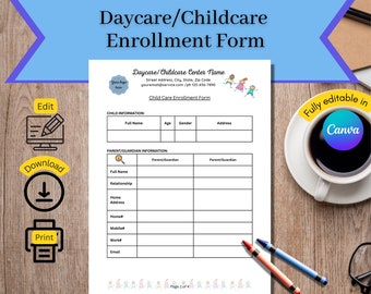 Daycare Enrollment Forms, Fully editable, Child Care Enrollment Forms, Home Daycare Enrollment forms, Daycare Enrollment, Daycare template