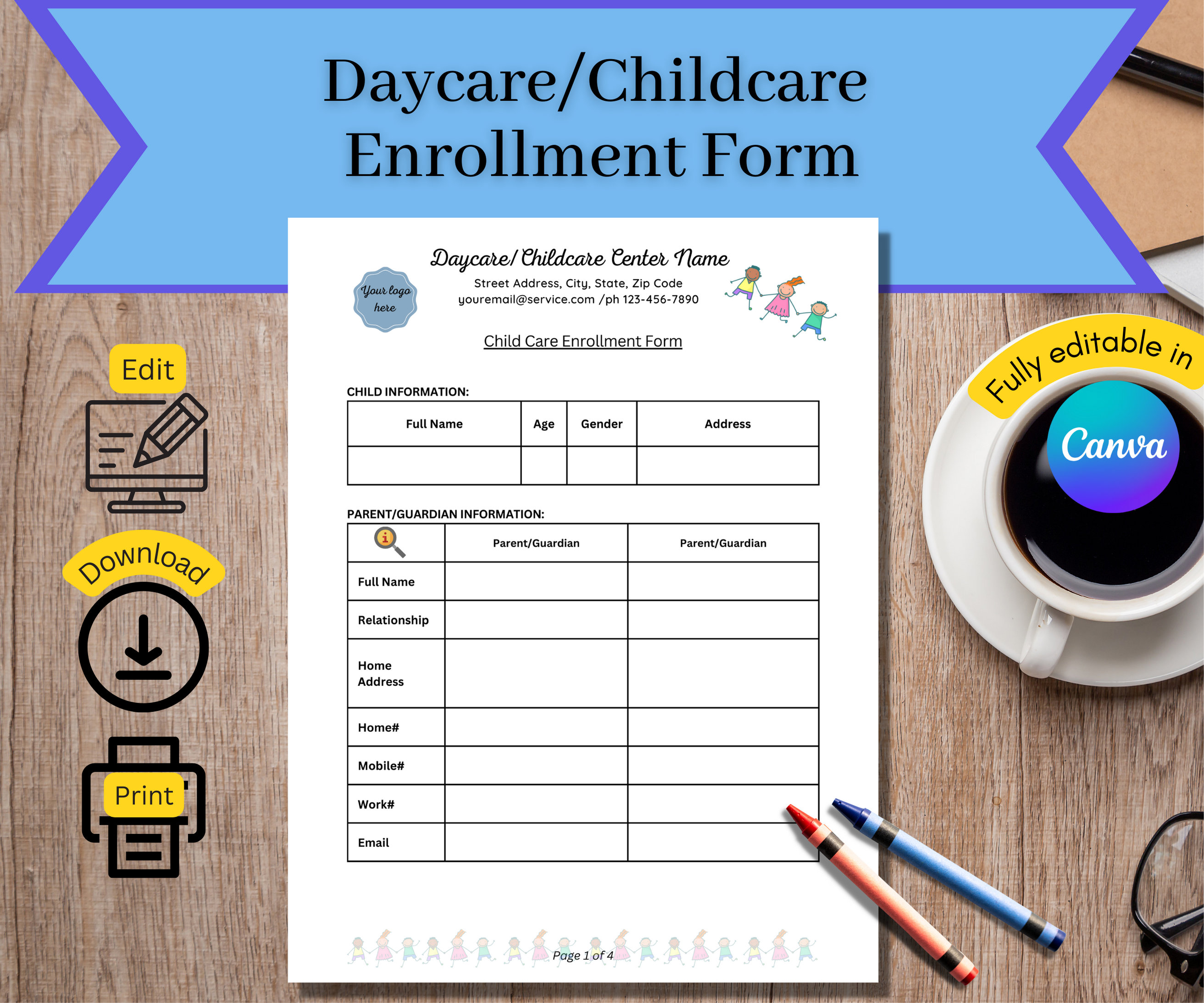 Daycare Enrollment Forms, Fully Editable, Child Care Enrollment Forms