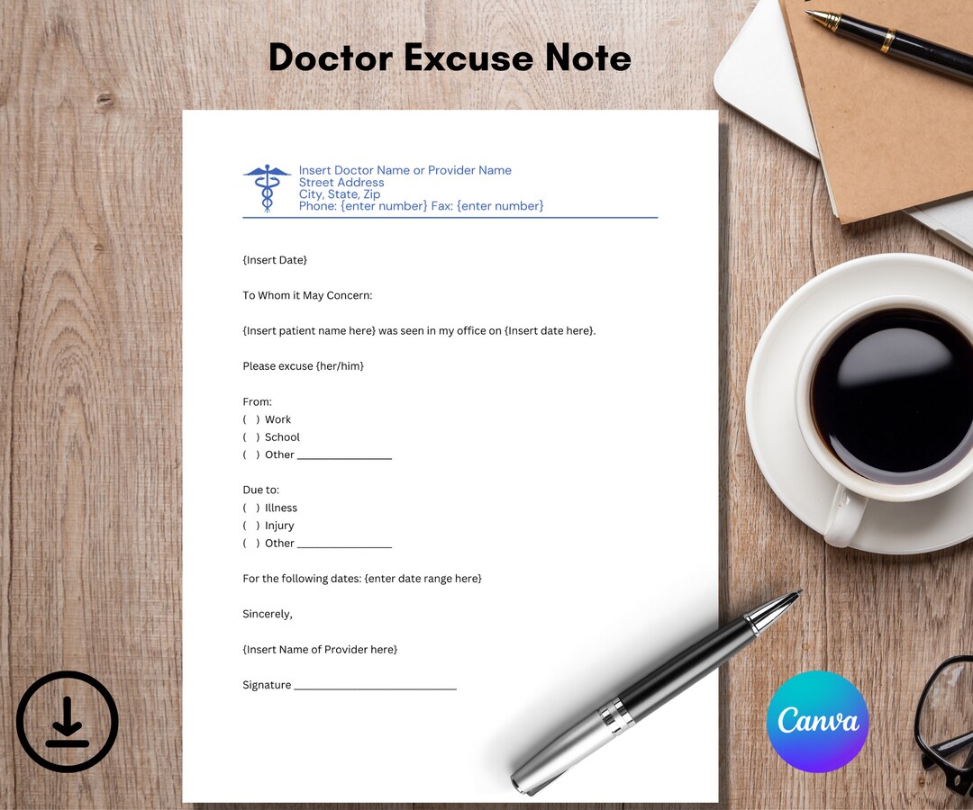Doctor Excuse Note, Doctor Excuse Template, Doctors Note for Work, Work