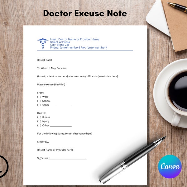 Doctor excuse note, Doctor excuse template, Doctors note for work, Work excuse, School Excuse, School note, Medical Office forms, Excuse