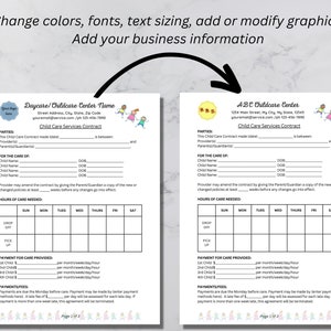 May include: A printable childcare contract template with a colorful design. The contract includes sections for parties, care of, hours of care needed, payment for care provided, and payment/fees. The template is customizable with your business information.