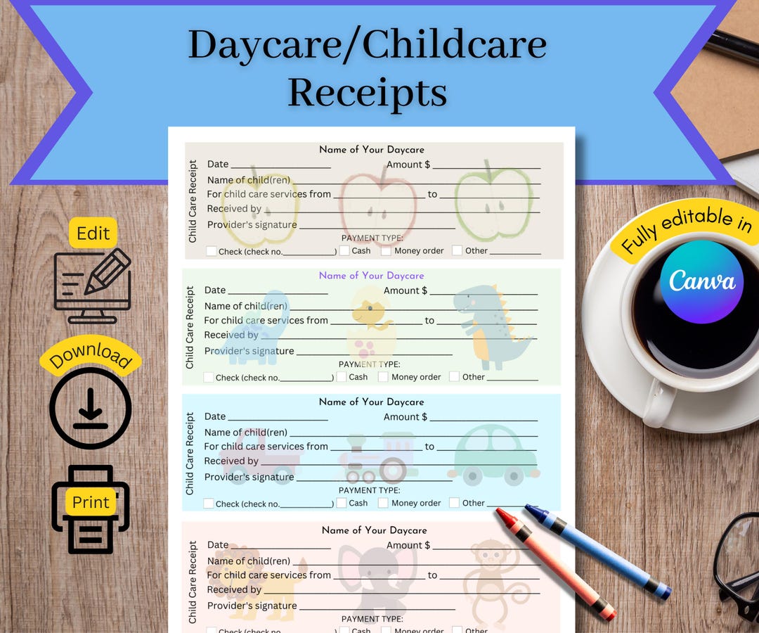 Editable Colorful Daycare Receipt Template: Printable Childcare Forms ...
