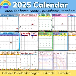 2025 キッズカレンダー、キッズ月間カレンダー、2025 スクールカレンダー、編集可能なスクールカレンダー、スクールカレンダーテンプレート、幼稚園カレンダー