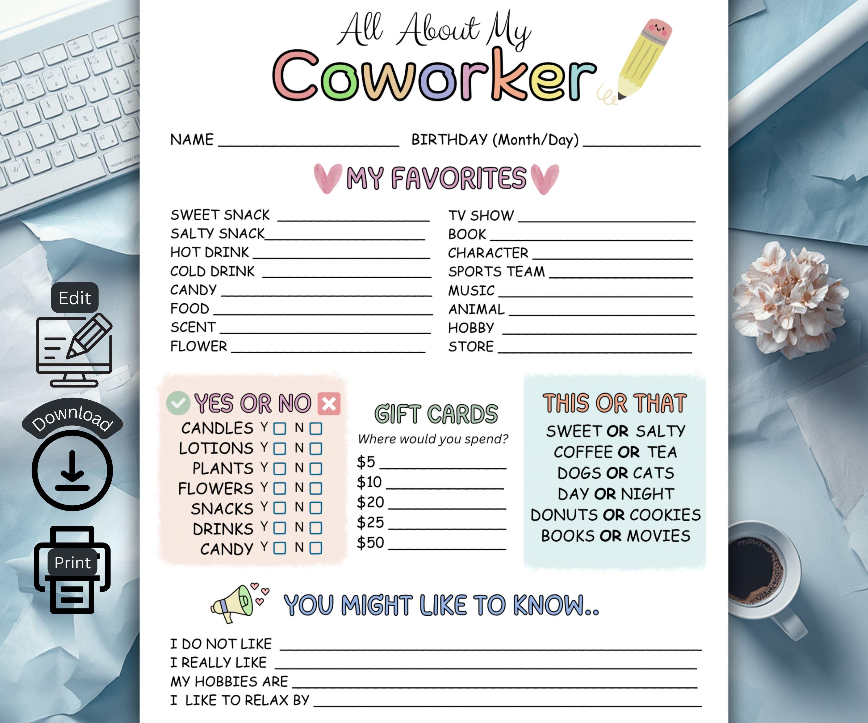 All About My Coworker Printable, Employee Favorites List, All About Me ...