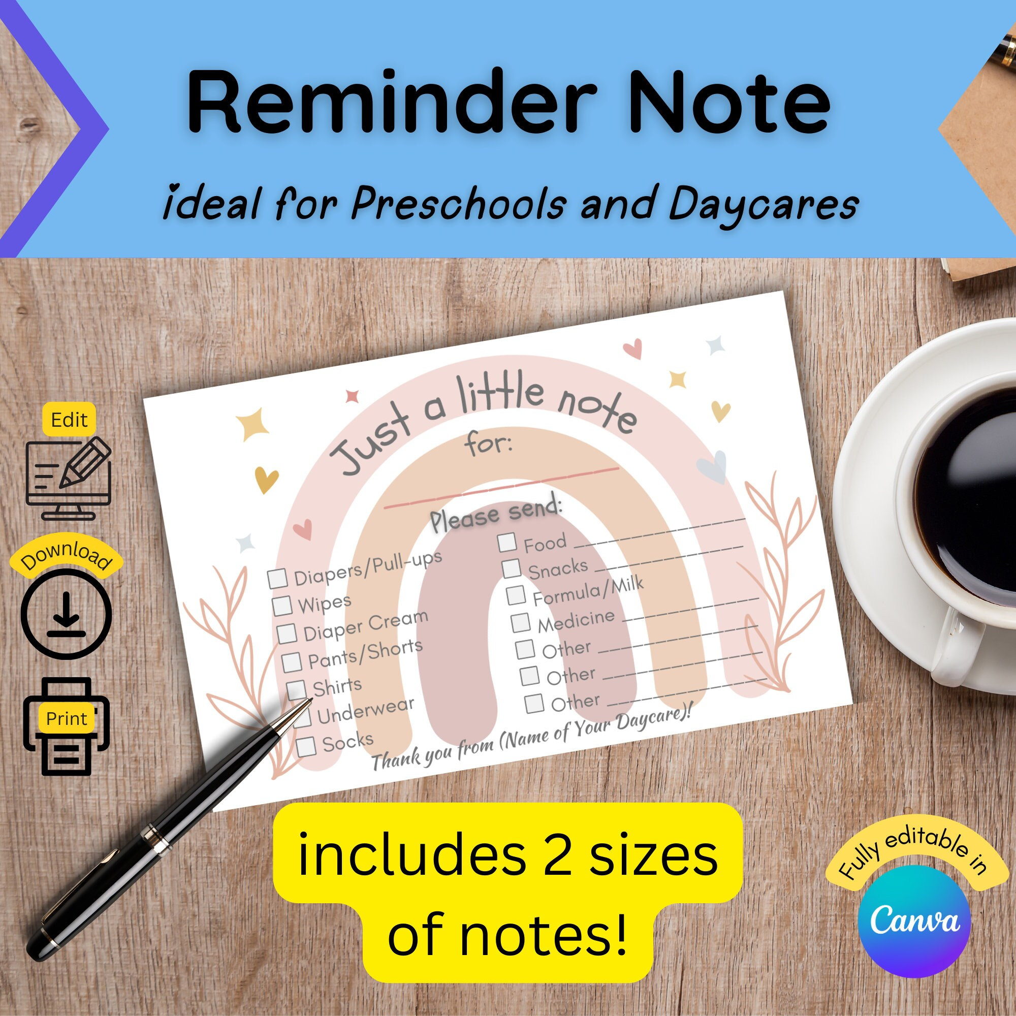 Daycare Reminder Note: Rainbow Design, Editable Canva Template (digital ...