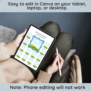 May include: A digital template displayed on a tablet, featuring a school-themed design with spaces for photos and names. The text on the screen reads "School Name" and "Teacher/Class/Year." The image also includes the text "Easy to edit in Canva on your tablet, laptop, or desktop." and "Note: Phone editing will not work."