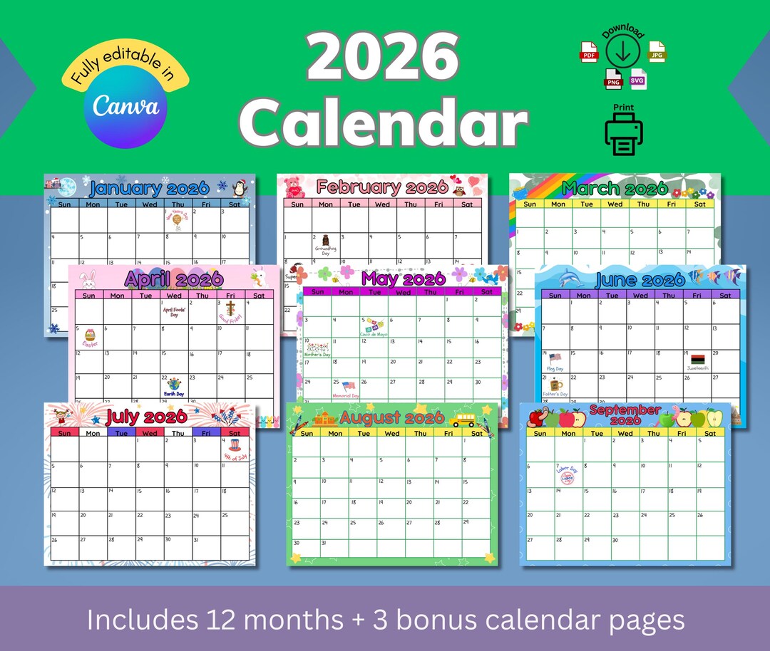 2026 Kids Calendar, Kids Monthly Calendar, School Calendar for 2026 ...