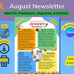 Classroom Newsletter Template, Monthly Newsletter, Preschool Newsletter, Teacher Newsletter, Editable Newsletter Template, August Newsletter