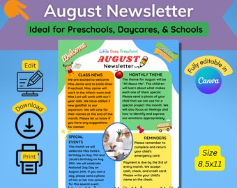 Classroom Newsletter Template, Monthly Newsletter, Preschool Newsletter, Teacher Newsletter, Editable Newsletter Template, August Newsletter