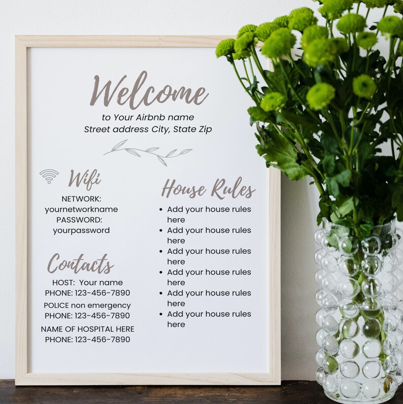 Editable Vacation Rental Sign Wifi Info Sheet Airbnb Welcome - Etsy