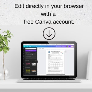 May include: A laptop computer displaying a Canva design template on the screen. The template is a printable checklist with the title "Cognitive Rehabilitation Exercise Plan". The laptop is on a white desk with a potted plant and a stack of books.