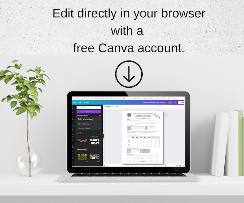 May include: A laptop computer displaying a Canva design template on the screen. The template is a printable checklist with the title "Cognitive Rehabilitation Exercise Plan". The laptop is on a white desk with a potted plant and a stack of books.