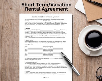 May include: A black and white printable vacation rental agreement form with the title "Short Term/Vacation Rental Agreement". The form includes sections for parties, rental party, maximum occupancy, and visitors.