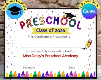 Editable Preschool Diploma, Preschool Graduation Certificate, Preschool Diploma template, Preschool Graduation Diploma, Canva template