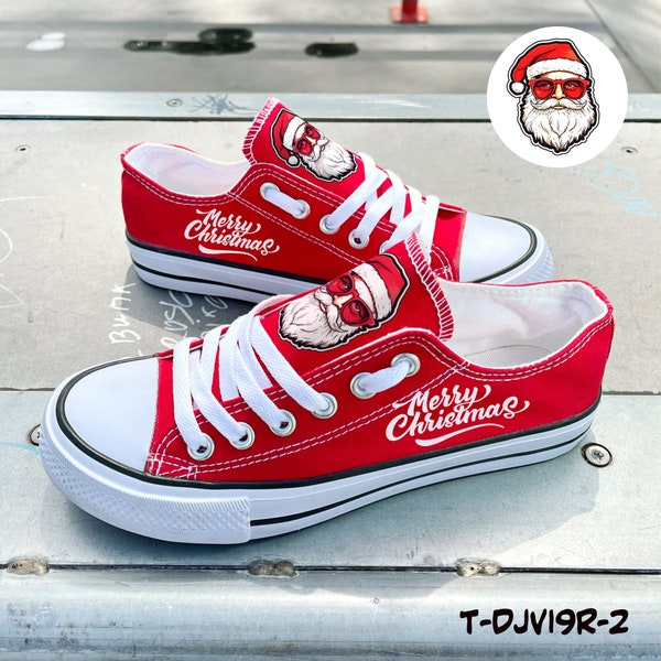 Christmas shoes, Christmas sneakers, Hipster Santa Clous, Printed Shoes, Xmas celebration, Sneakers, Gift, Gumshoes, Red, Merry Christmas