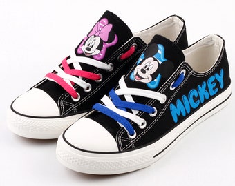 Mickey Mouse shoes, Mickey Mouse sneakers, Tennis shoes, Printed Shoes, Mickey, Sneakers, Gift, Couple, Minnie, Love, Black, Cartoon Mouse