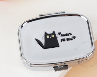 Custom Black Cat Pill Box, Storage Box with Name,Custom Text Pill Cases, Portable Weekly Medicine Cases,Rectangle Metal Medicine Box