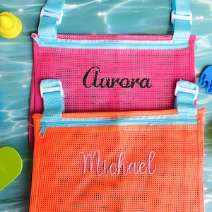 Seashell Collecting Bag, Custom Seashell Bag for Kids, Zippered Mesh Shell Bag, Embroideried Name Beach Bag,24 Colors Beach Toy Bag for Kids