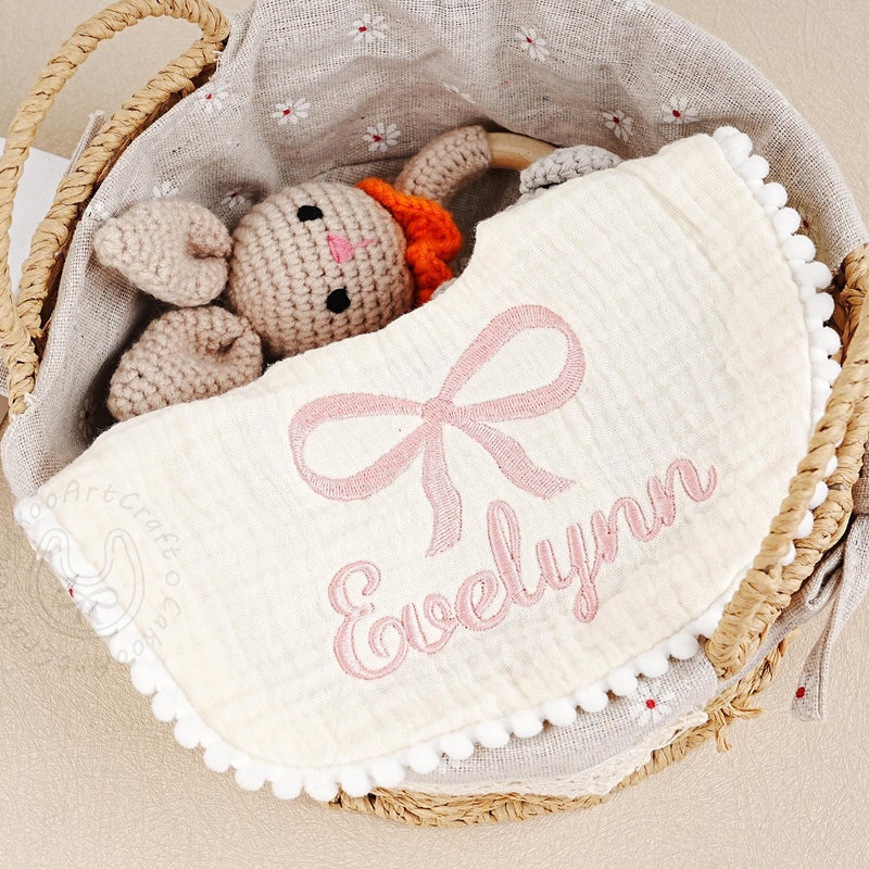 Monogram Baby Bib, Embroidered Name Baby Girl Bibs, Cute Bow Ruffle Bib for Baby, Personalized Name Cotton Bib, Newborn Bib, Baby Shower Gift