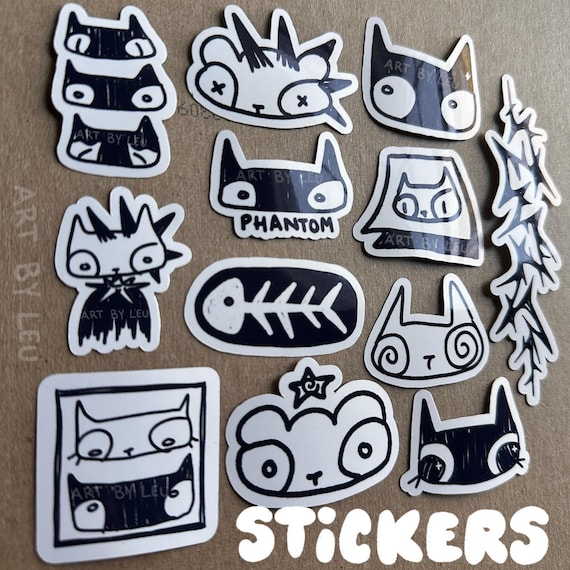 Black and White Cat Art Stickers: Glossy Die-Cut Decals