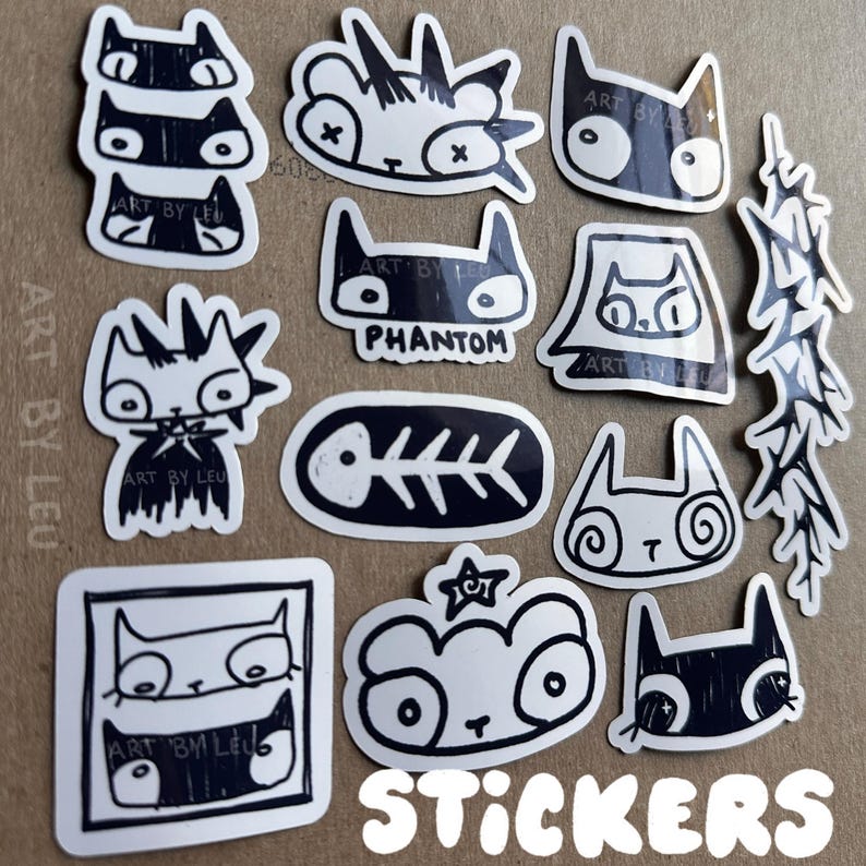 Black and White Cat Art Stickers: Glossy Die-Cut Decals image 1
