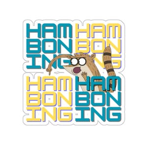 May include: A cartoon character with brown fur and a long, thin nose is holding a finger up to his mouth. The character is surrounded by the words "Ham Boning" in yellow and blue letters.