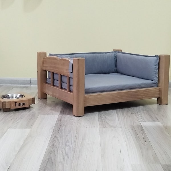 Wooden bed for dogs and cats + FREE wooden bowl, Wooden pet furniture, Wooden dog bed, Wooden cat bed, Model Timi