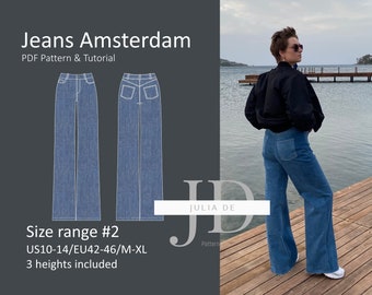 May include: A digital illustration of a pair of wide-leg jeans with a flat front and back pockets. The jeans are blue and have a frayed hem. The image also shows a woman wearing the jeans, standing on a wooden dock by the water. The text "Jeans Amsterdam" and "PDF Pattern & Tutorial" is at the top of the image. The text "Size range #2 US10-14/EU42-46/M-XL 3 heights included" is at the bottom of the image.