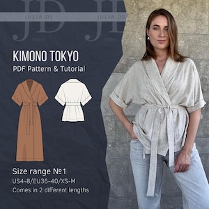May include: A woman wearing a light gray kimono-style wrap with a matching belt. The image includes a diagram of the kimono and the text "KIMONO TOKYO PDF Pattern & Tutorial". The size range is US4-8/EU36-40/XS-M.