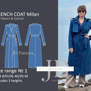Trench Coat Milan XS-M (size range#1) PDF Sewing pattern & Tutorial|lined trench coat sewing pattern|women&#39;s trench coat digital pattern.