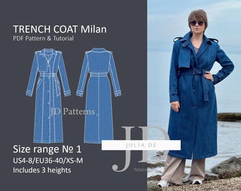 May include: A denim trench coat pattern with a line drawing of the coat and a photo of a woman wearing the coat. The text on the image reads "TRENCH COAT Milan", "PDF Pattern & Tutorial", "JD Patterns", "Size range № 1", "US4-8/EU36-40/XS-M", "Includes 3 heights", and "JULIA DE".