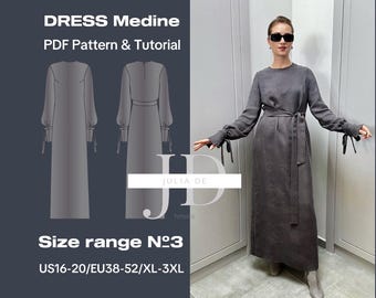 Medicinsk klänning XL-3XL (storleksintervall #3) PDF Symönster och handledning|Mönster för långärmad klänning|Mönster för lång klänning|Mönster för blygsam islamisk klänning