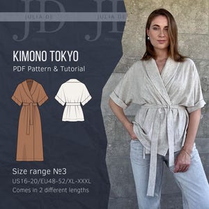 Könnte beinhalten: Eine Frau trägt einen hellfarbigen Kimono-Stil-Bademantel mit Bindegürtel. Das Bild enthält Illustrationen des Bademantels in Braun und Weiß, mit dem Text "KIMONO TOKYO PDF Pattern & Tutorial". Die Größen reichen von US16-20/EU48-52/XL-XXXL.