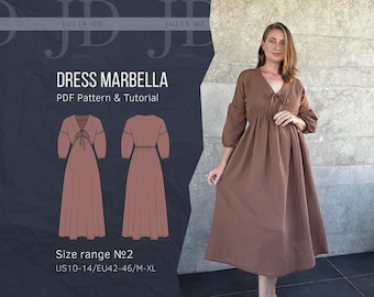 Dress Marbella M-XL(size range#2) PDF pattern+Tutorial|Midi Dress Sewing Pattern|Boho V Neck Dress Sewing Pattern|Plus Size Dress Pattern