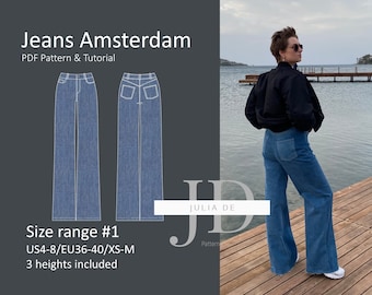 May include: A PDF pattern and tutorial for making wide-leg jeans called "Jeans Amsterdam". The pattern includes three different lengths and is available in sizes US 4-8, EU 36-40, or XS-M. The image shows a model wearing the jeans on a wooden dock.
