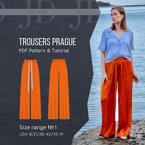 Trousers Prague XS-M(size range#1) PDF pattern+Tutorial|Wide-Leg Pull-On Pants pattern|Loose Fit Elastic Waist Trousers sewing pattern