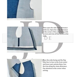 May include: A step-by-step guide on how to sew a yoke facing and flap yoke together. The image shows the process of sewing the side seam allowance, opening the seam allowance at the corner of the yoke facing, and trimming off the excess at the ends. The final step involves placing the yoke facing and flap yoke face to face and pinning them together.