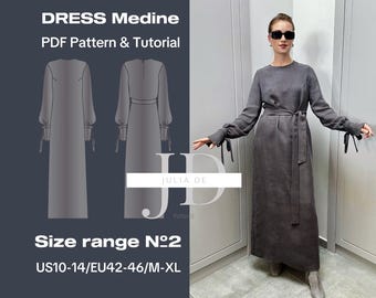 Medicinsk klänning M-XL (storleksintervall #2) PDF Symönster och handledning|Mönster för långärmad klänning|Mönster för lång klänning|Mönster för blygsam islamisk klänning