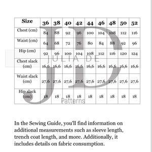 May include: A size chart for clothing with measurements in centimeters for chest, waist, hip, chest slack, waist slack, and hip slack. The chart includes sizes 36 to 52.