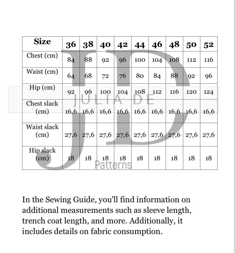 May include: A size chart for clothing with measurements in centimeters for chest, waist, hip, chest slack, waist slack, and hip slack. The chart includes sizes 36 to 52.