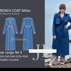 Trench Coat Milan XL-XXXL (size range#3) PDF Sewing pattern & Tutorial|lined trench coat sewing pattern|women&#39;s trench coat digital pattern.