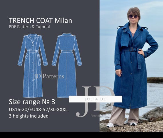 Trench Coat Milan XL-XXXL (size range#3) PDF Sewing pattern & Tutorial|lined trench coat sewing pattern|women's trench coat digital pattern.