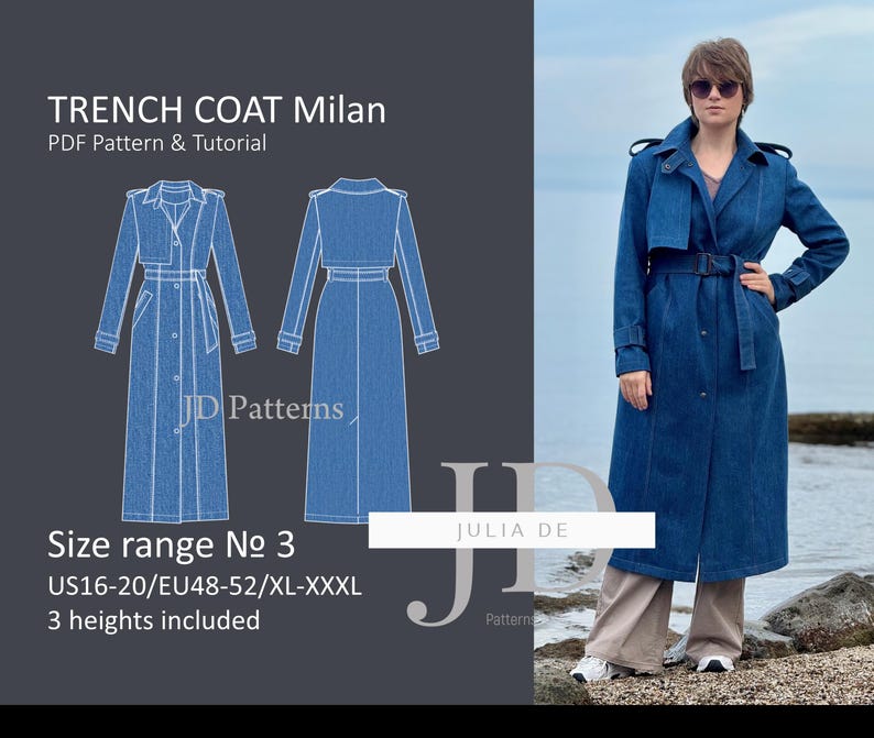 May include: A denim trench coat pattern for sewing. The pattern includes instructions and is available in sizes US 16-20, EU 48-52, and XL-XXXL. The pattern is for a long coat with a belt and a collar.