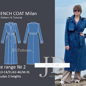 Trench Coat Milan M-XL (size range#2) PDF Sewing pattern & Tutorial|lined trench coat sewing pattern|women&#39;s trench coat digital pattern.