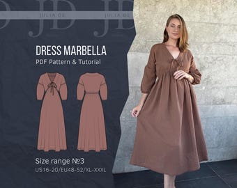 Dress Marbella XL-3XL (size range#3) PDF pattern+Tutorial|Midi Dress Sewing Pattern|Boho V Neck Dress Sewing Pattern|Plus Size Dress Pattern