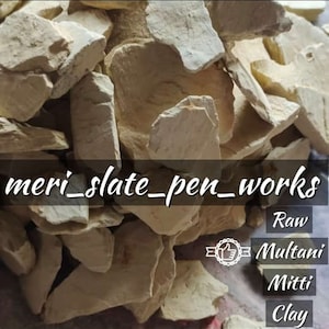 May include: A close-up of raw, beige clay pieces. The image includes the text "meri_slate_pen_works" and the words "Raw", "Multani", "Mitti", and "Clay".