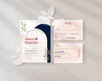 Retro Wedding Invitation Suite- Arch - Navy, Terracotta