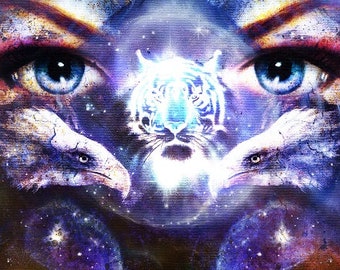 May include: A colorful abstract painting with two blue eyes, a white tiger, and two white eagles. The background is a galaxy with stars and a blue and purple nebula.