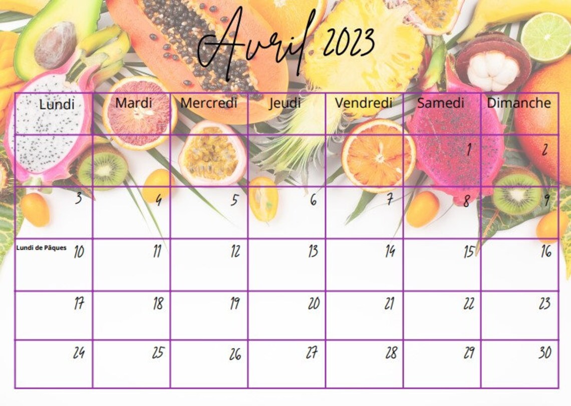 Calendrier Mensuel 2023 à imprimer A4 fruits Calendrier - Etsy France